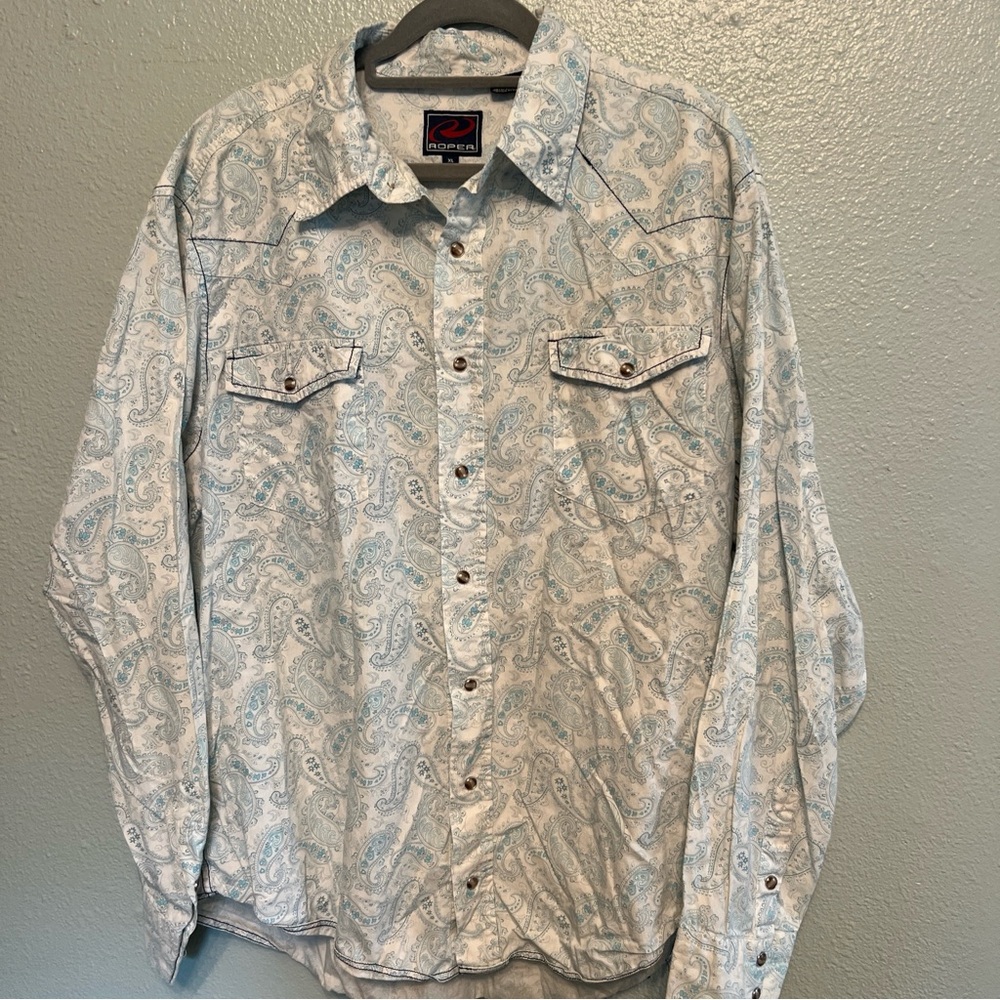 ROPER Pearl Snap Blue PAISLEY Print Button Up SHIRT 
Men XL Western/Topstitching